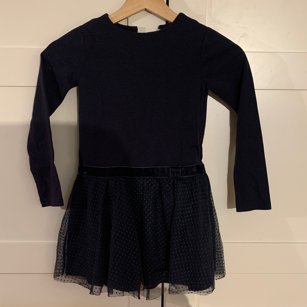 Jacadi Navy Blue Long Sleeve Dress with Tulle Skirt